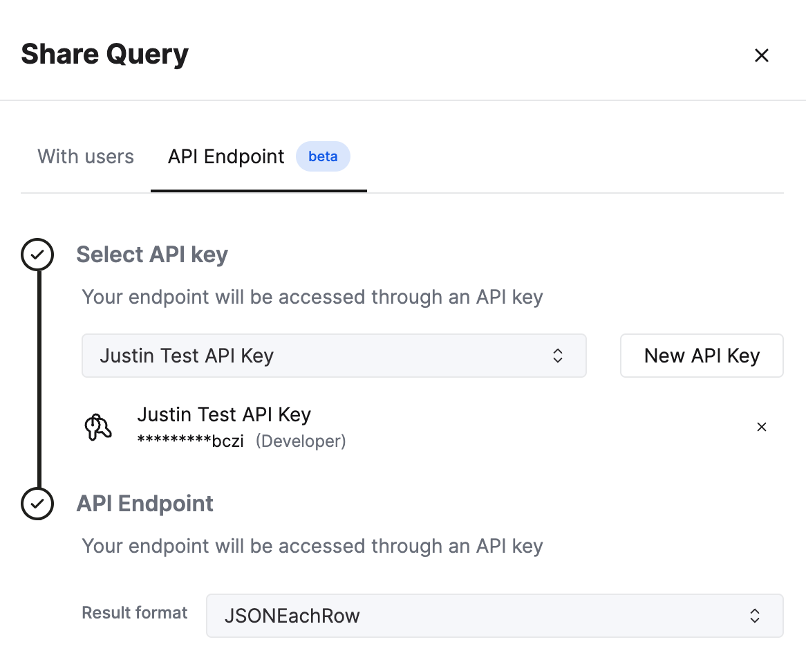 출력 형식 옵션이 포함된 Query Endpoints 설정을 보여주는 ClickHouse Cloud 인터페이스